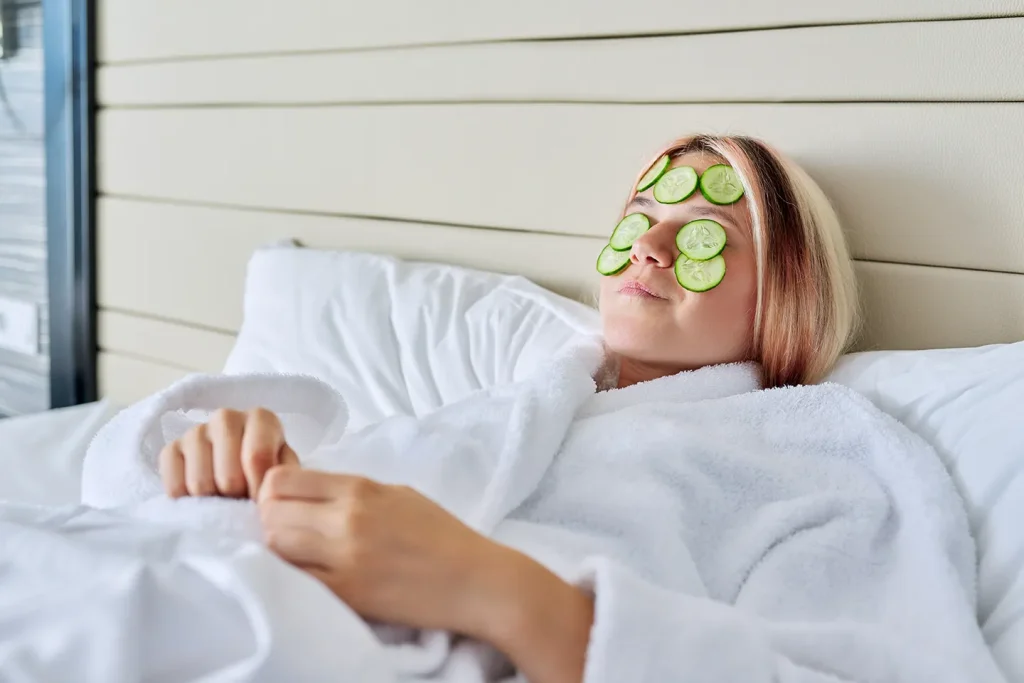 young woman with cucumber face mask
